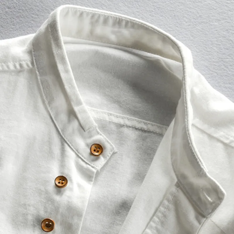 Camisa de algodón y lino de estilo japonés para hombre, Tops clásicos transpirables informales ajustados de manga larga con cuello levantado Harajuku de Color sólido para hombre