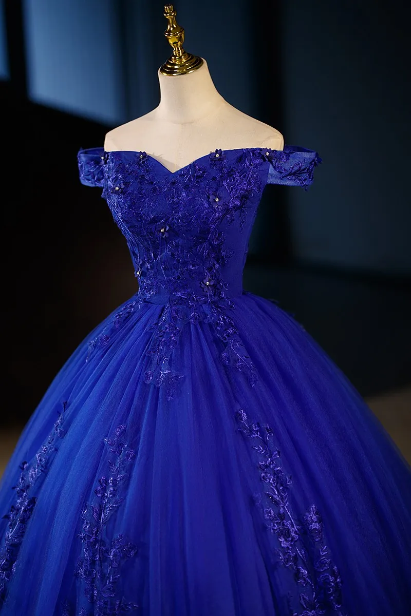Vestidos de quinceañera azules de lujo, vestido de fiesta sin hombros, vestido de baile de flores elegante, vestido de graduación de encaje clásico, talla grande, nuevo, Verano