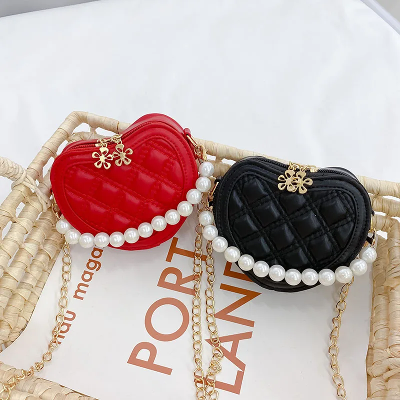 Mini bolsa mensageiro de ombro em forma de coração com alça de pérola para meninas, bolsa princesa, bolsas fofas para crianças