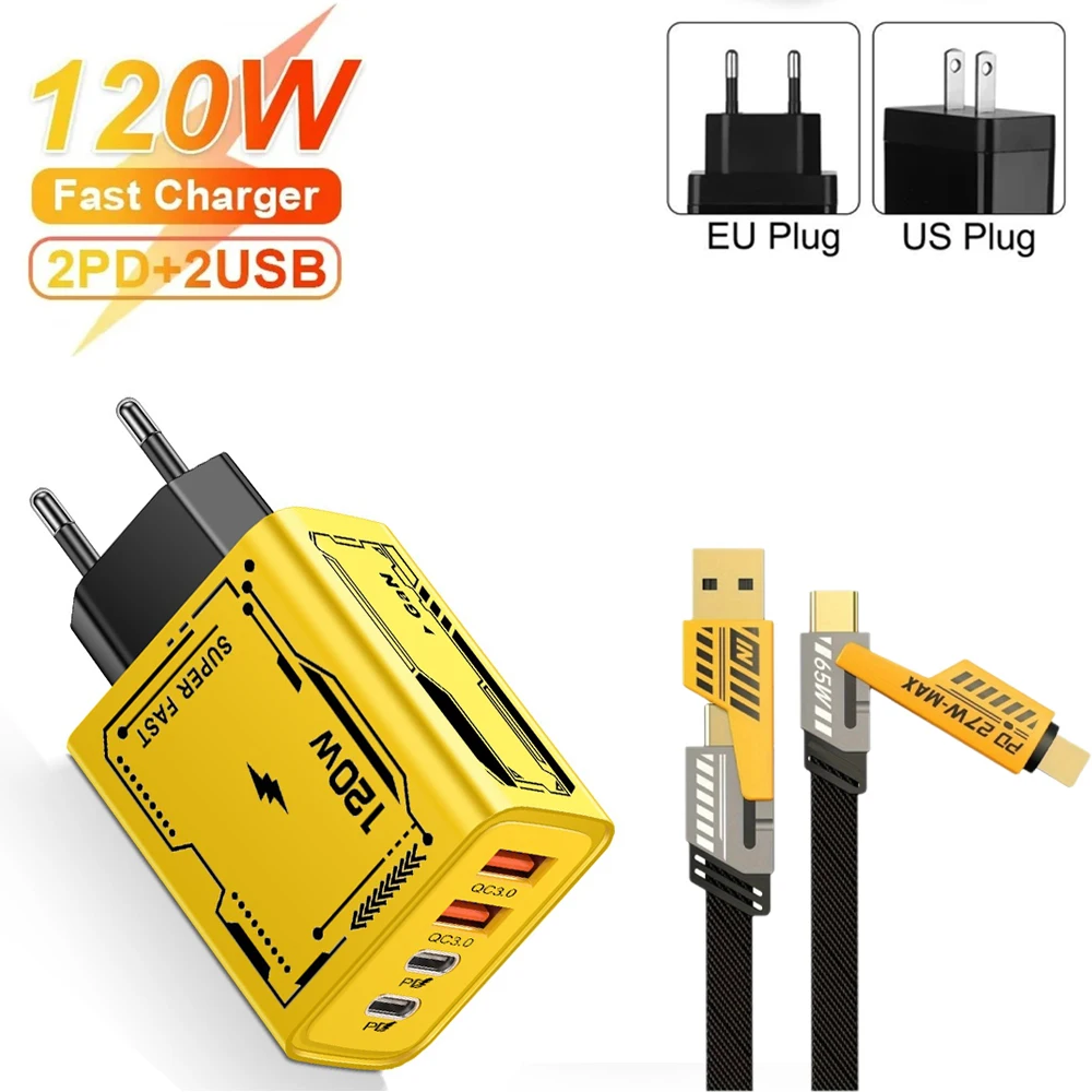 Cargador USB tipo C de 120W, adaptador para teléfono móvil, carga rápida 3,0, cargadores de pared con enchufe UE/EE. UU., Cable de carga rápida 6A para iPhone y Samsung
