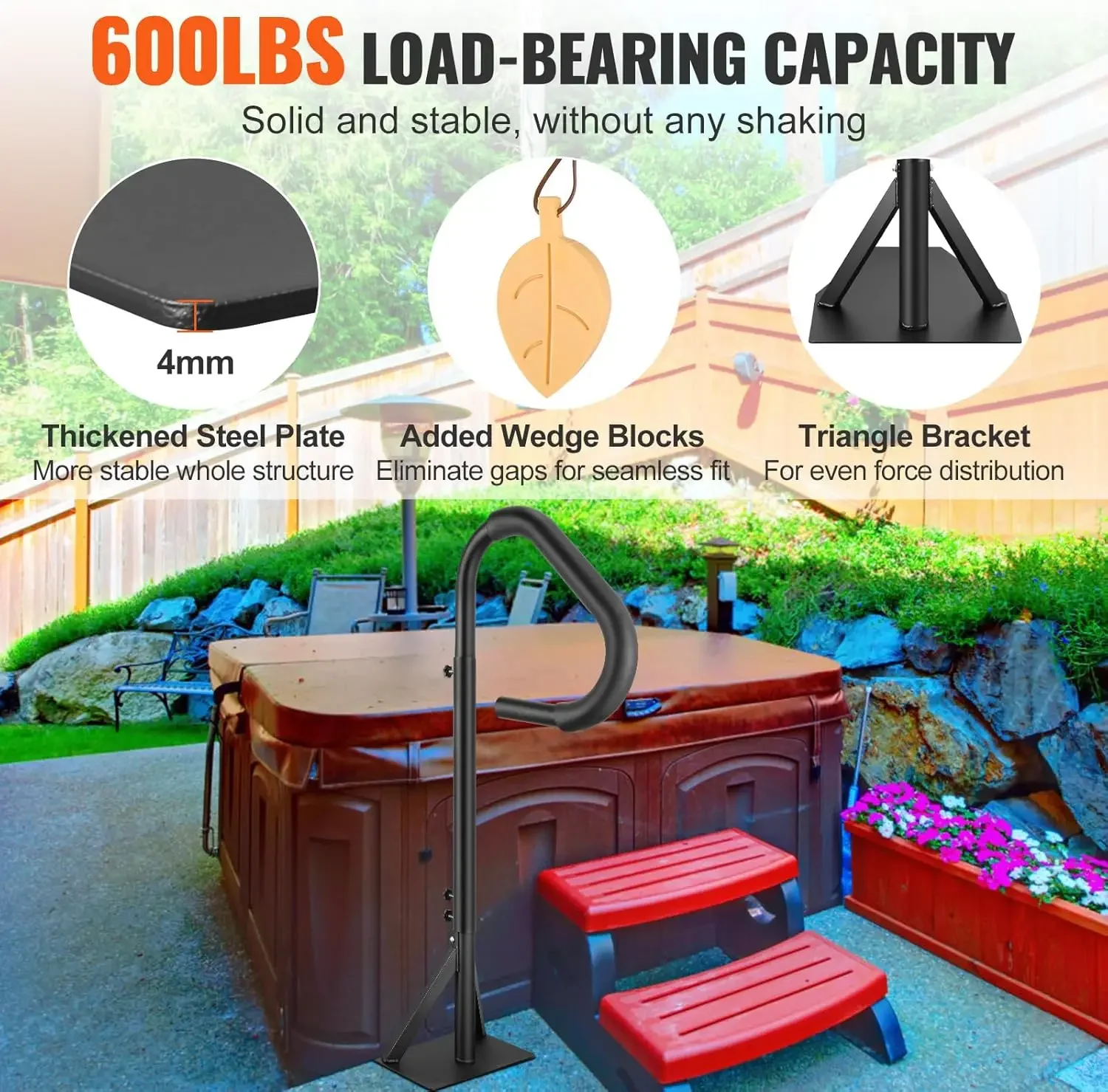360 Rotatable Spa Side Handrail with 48"-63" Adjustable Height, Rust-proof Aluminum Spa Step Hot Tub Hand Rail, 600LBS Capacity