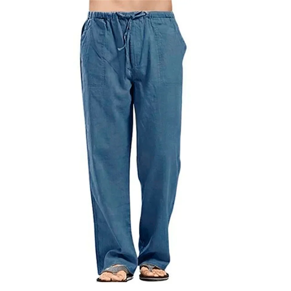 Calça de linho respirável monocromática masculina, calça de algodão casual com elástico na cintura masculina, verão