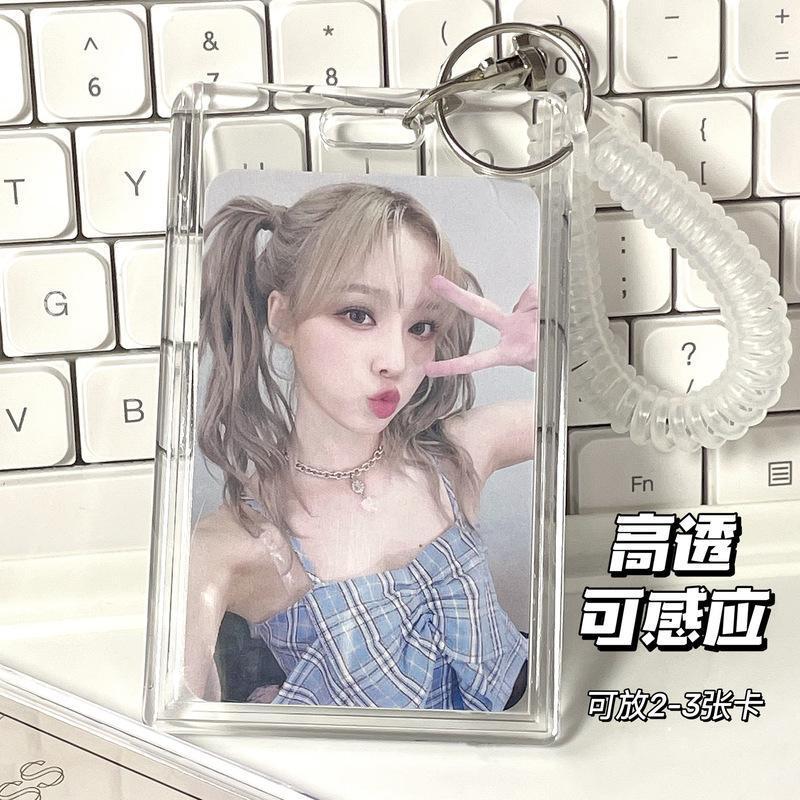Card Holder Acrylic Clear Dual Slot Elastic Keychain Protector for ID Access Transit Badge Meal Cards