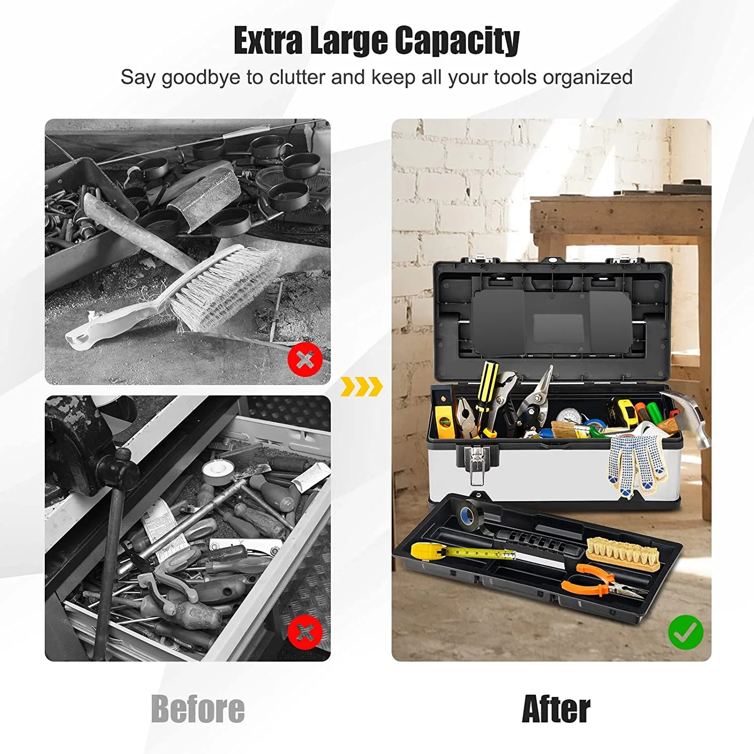 Tool box Stainless Steel Toolbox 2-Layer Tools Storage Box Empty Large Tool Case Hardware Suitcase Metal Portable Tool Organizer