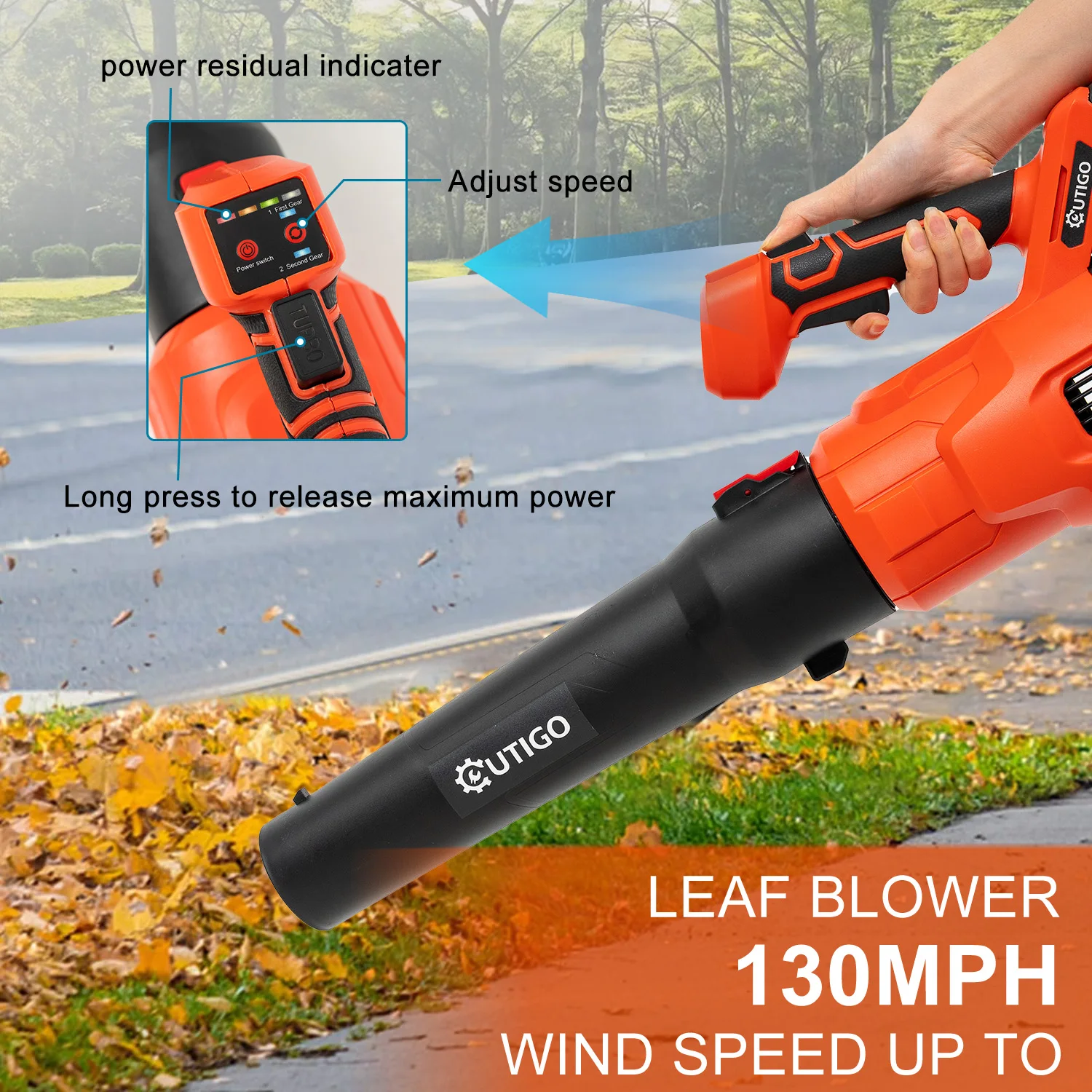 OUTIGO Soplador a batería con 2 baterías 4,5 Ah 21V y cargador, 4,5m/s, 3,6 m³/min