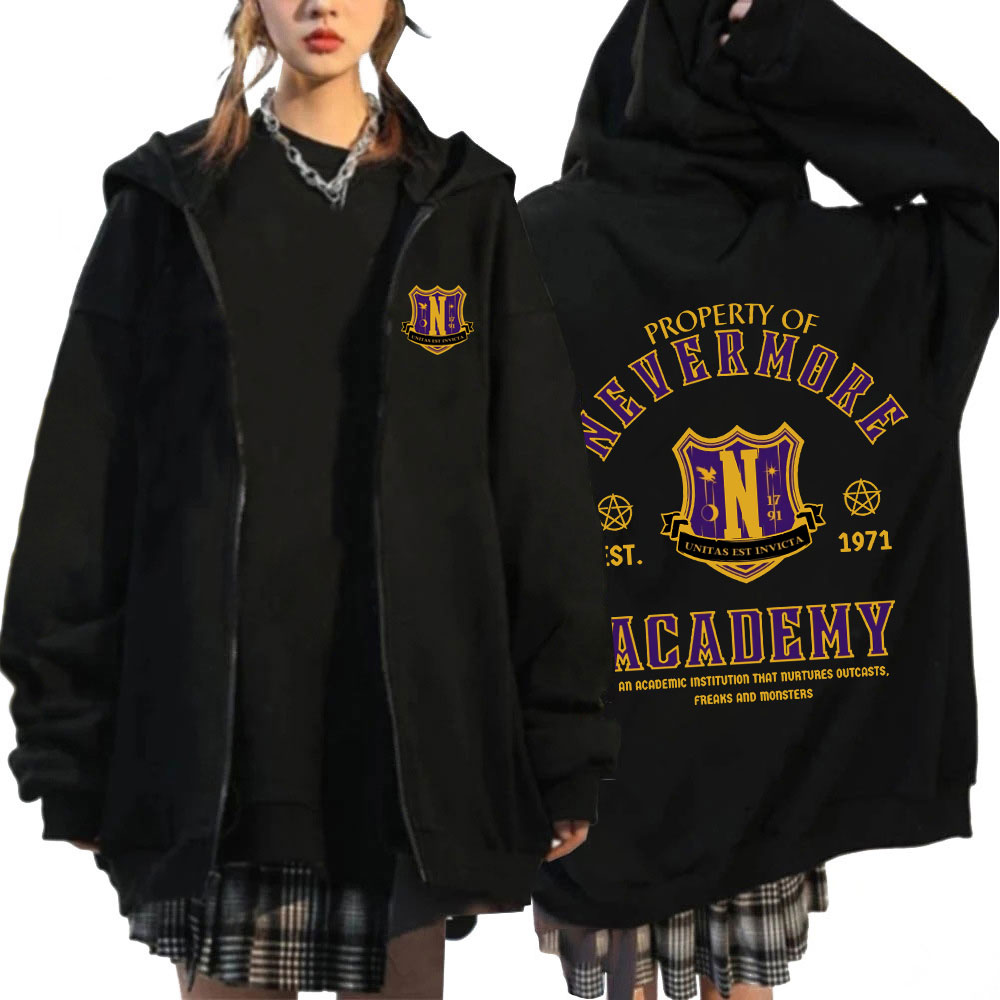 Wednesday Addams Nevermore Academy 지퍼 후디 스웨트셔츠 하라주쿠 오버사이즈 지퍼 업 코트 후디