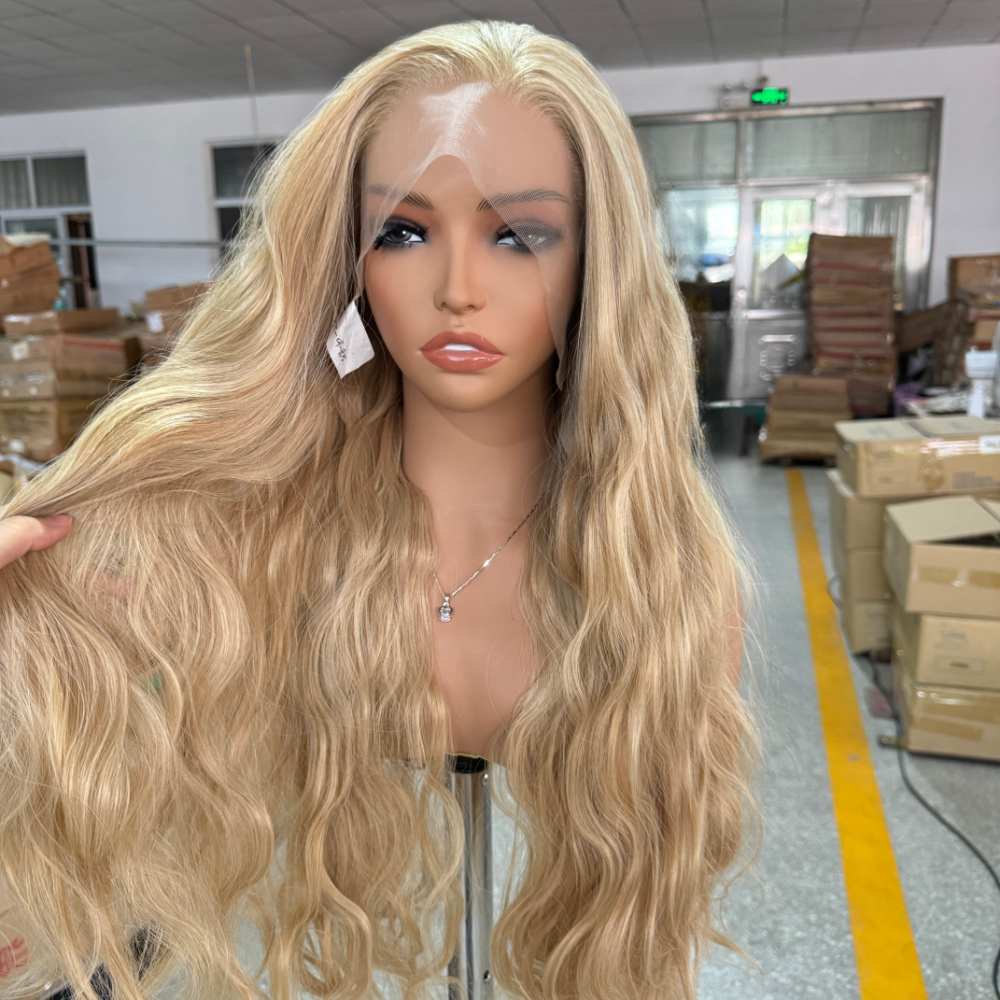 613 ผสมสีบลอนด์วิกผมสังเคราะห์ลูกไม้ด้านหน้าด้านหน้า Long Body Wave ผมวิกผมลูกไม้สําหรับผู้หญิงพร้อมสวมใส่คอสเพลย์วิกผมสีบลอนด์ปาร์ตี้ด้านหน้า