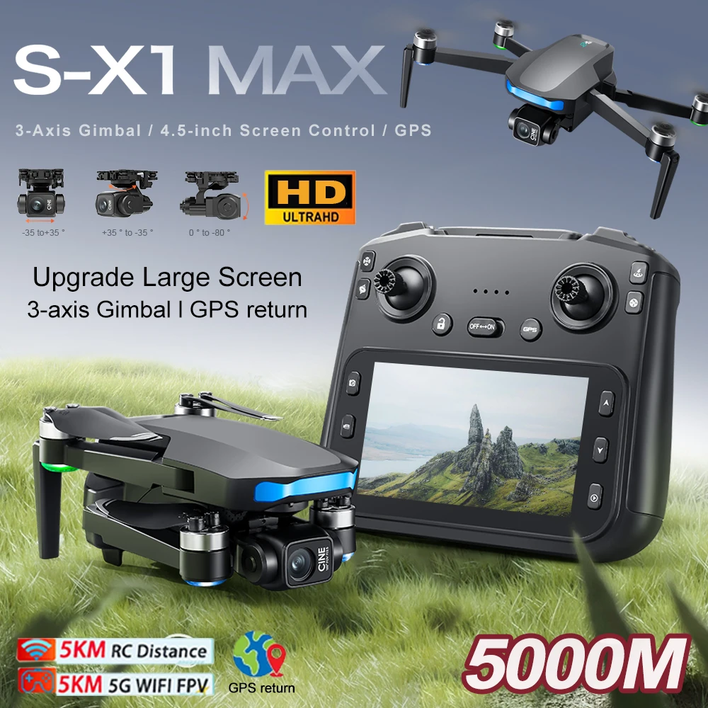 S-X1 MAX GPS Drone Profissional 4K Câmera 3 eixos Gimbal Antena FPV Brushless Security Drone com Controle de Tela Grande Quadcopter