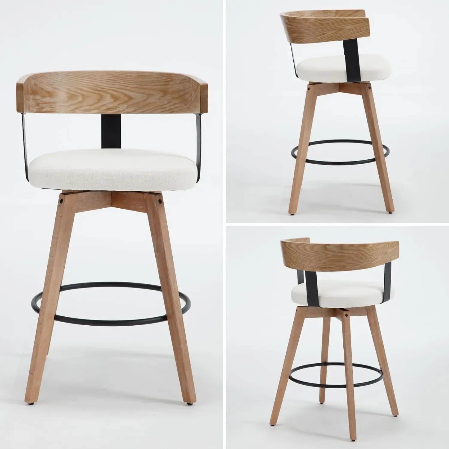 Swivel Bar Stools Set of 2, 26" Counter Height Bar Stool Footrest Modern Wood Barstools Linen Upholstered Seat Counter Stools