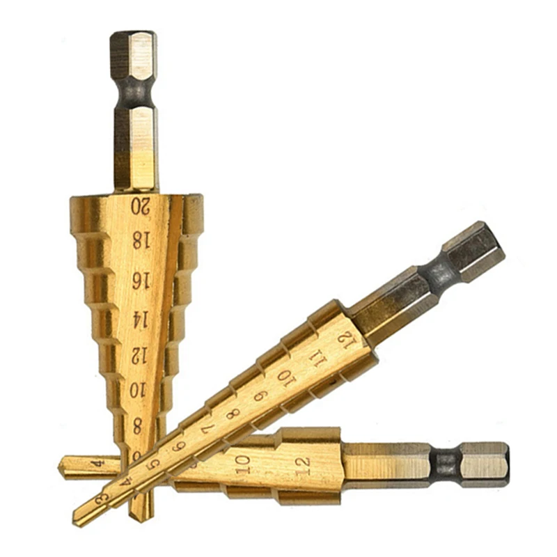 3pc Hexagonal Shank Titanium Plated Ladder Drill Bit Set 3-12/4-12/4-20mm Expanding punching holes Set