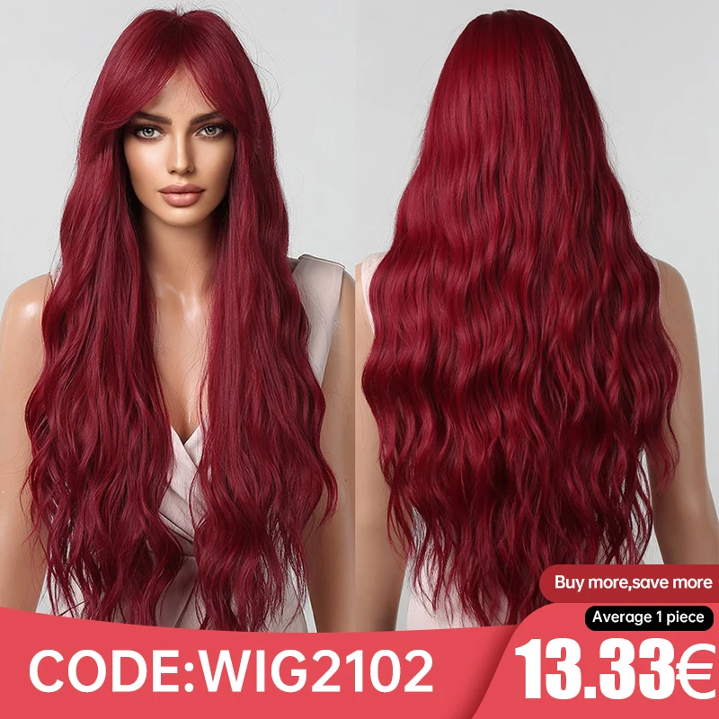 Pelucas sintéticas largas y rizadas con flequillo largo para mujer, pelo Natural Afro de onda profunda para fiesta de Cosplay, color rojo borgoña