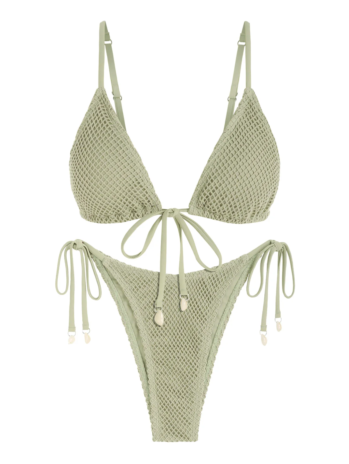ZAFUL Women's Fishnet Mesh Tie Cami Shell Decor Triangle String Tanga Two Piece Bikini Swimwear