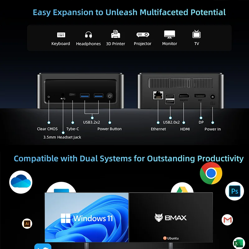 BMAX B9 Power Mini PC Intel Core i9-12900H Turbo Frequenza 5.0GHz 32GB DDR4 RAM 1TB NVMe SSD WiFi 6 Bluetooth 5.2