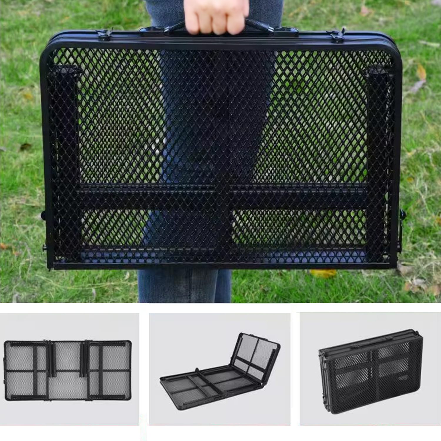 Mesa de acampamento mesa dobrável de malha de ferro portátil acampamento ao ar livre com prateleira de elevação mesa de jantar de liga de alumínio