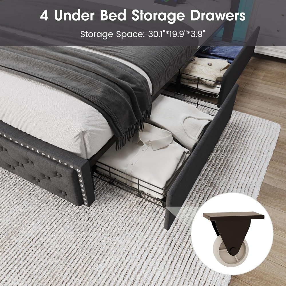 Vabches Queen Size LED Bed Frame with Storage Drawers and Charging Station, Upholstered Platform Bed Frame with Wingback Headboa