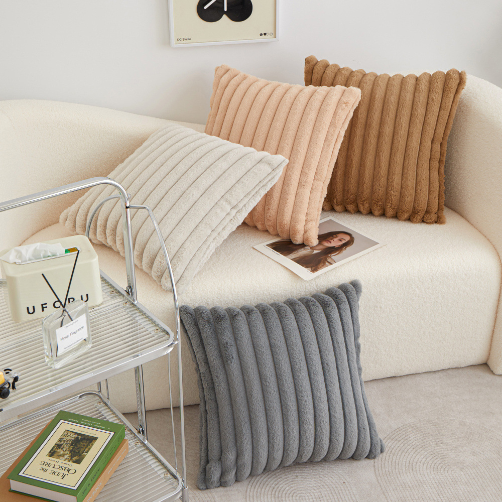 Faux Rabbit Fur Square Cushion Cover Pillowcase 45x45cm Striped Soft  Pillow Cover for Couch Sofa Bedroom Living Room Home Decor