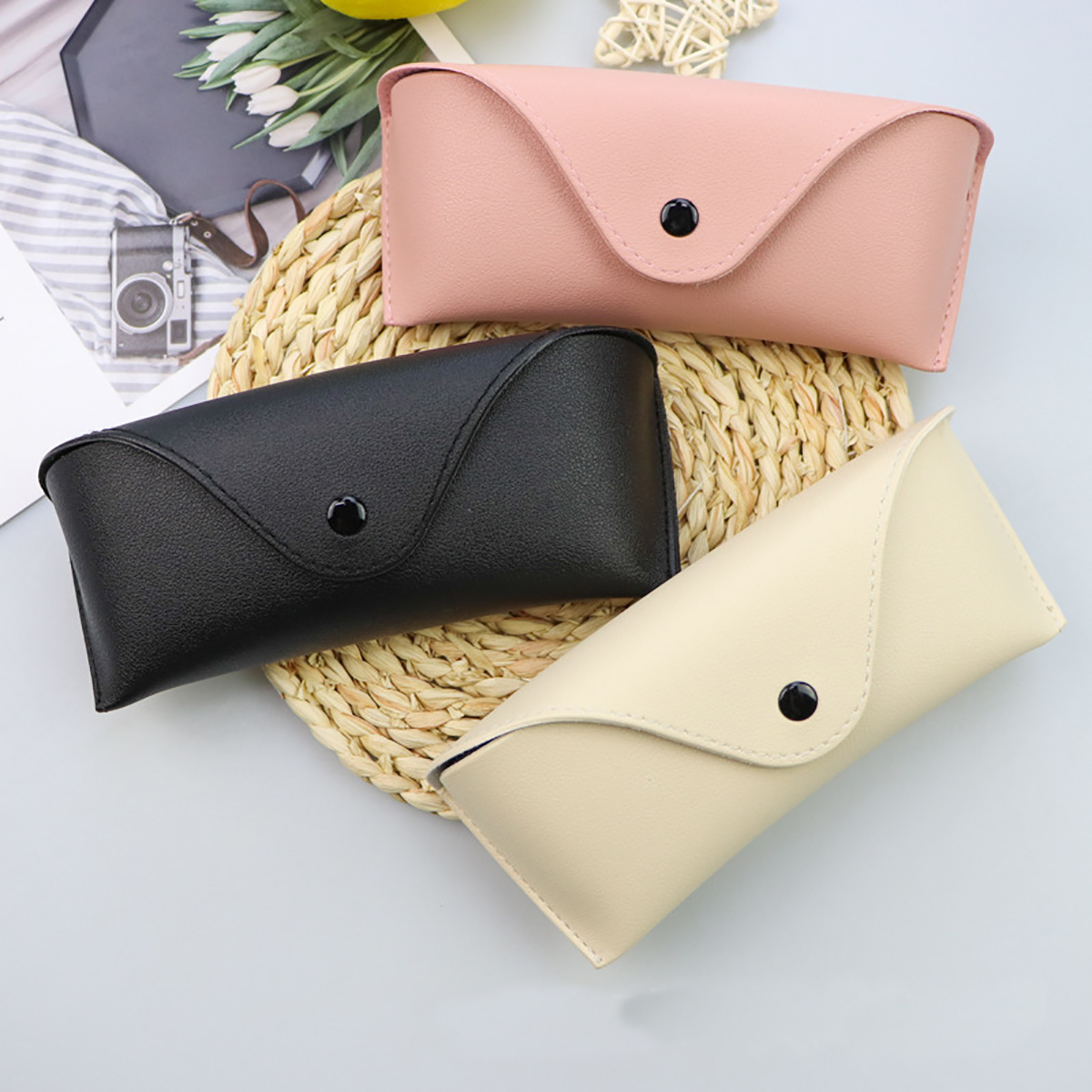 1pc Portable Leather Glasses Case PU Leather Durable Soft Sunglasses Pouch Slim Case For Women Unisex Eyeglass Case Eyewear