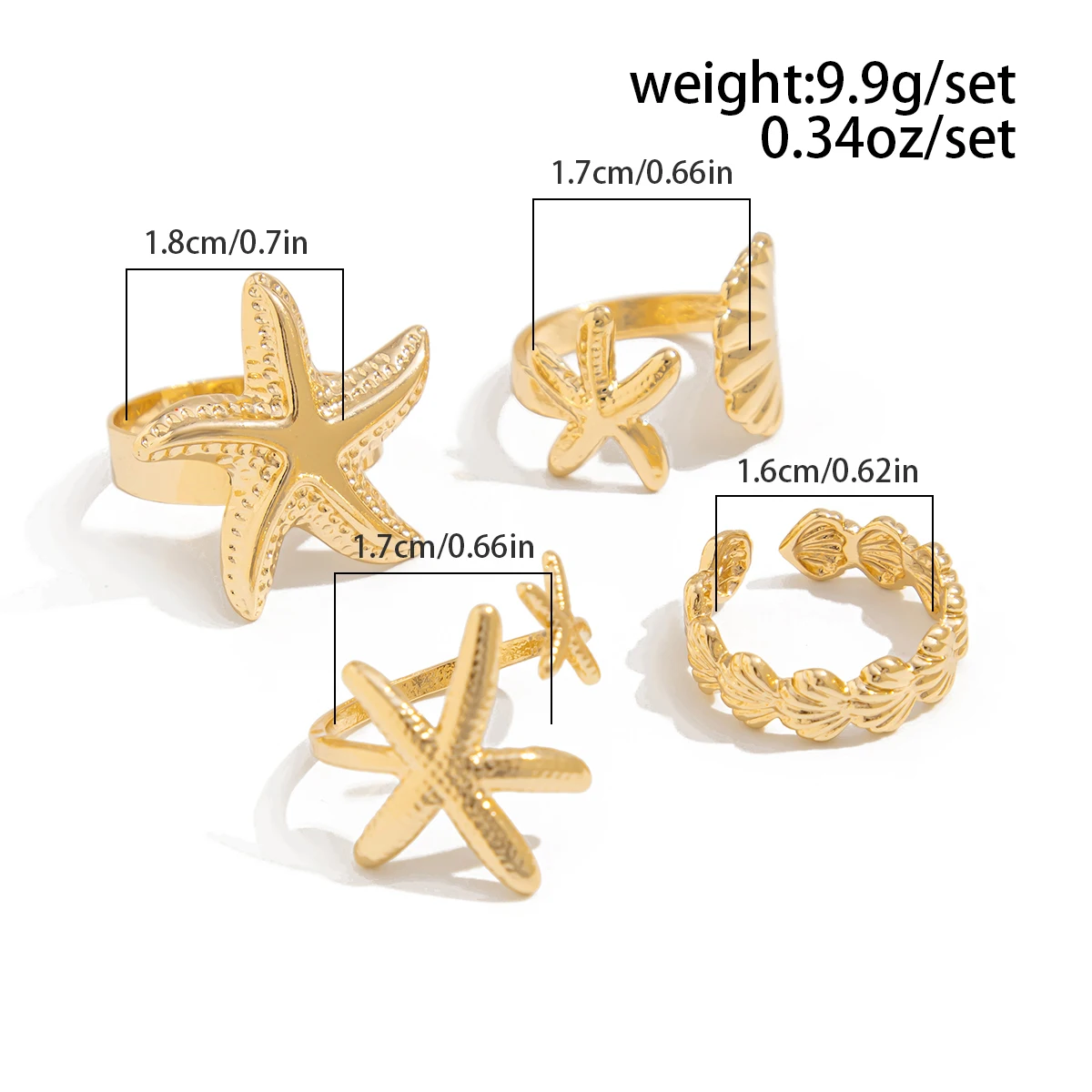 SHIXIN-Anillos abiertos ajustables con forma de estrella de mar para mujer, sortija geométrica de Color dorado, accesorio de joyería de playa de verano, 4 unidades por juego