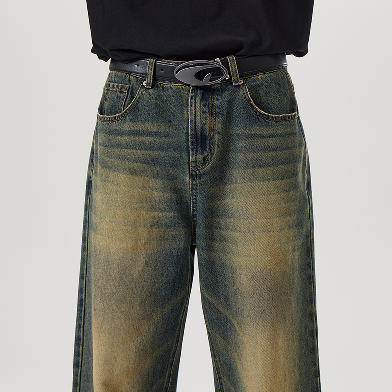 Vintage Distressed Herren Baggy Straight Jeans Frühling Herbst Koreanische High Street Schnurrbart Effekt Denim Hosen Streetwear Hosen