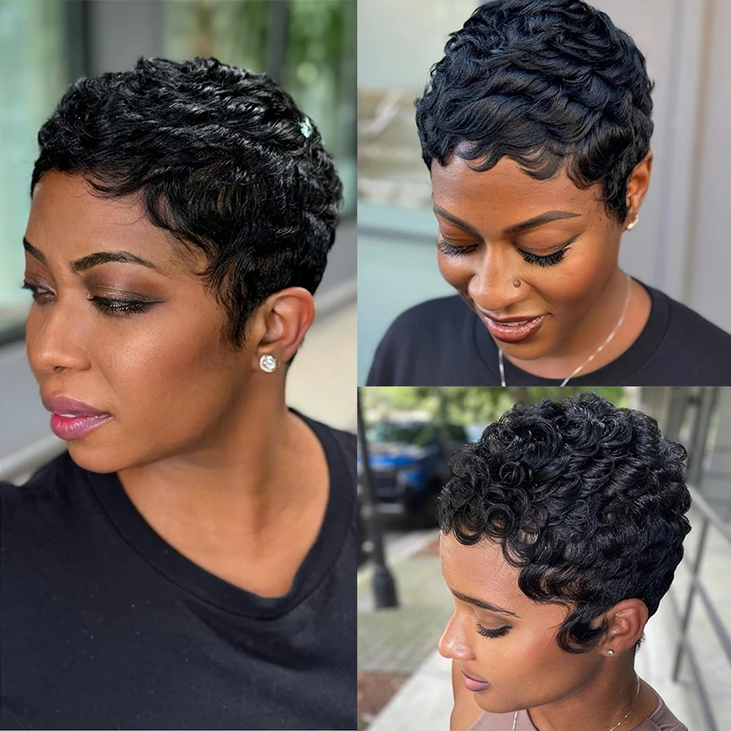 Preto encaracolado pixie corte curto brasileiro virgem perucas de cabelo humano para preto feminino máquina completa feita peruca 150% densidade