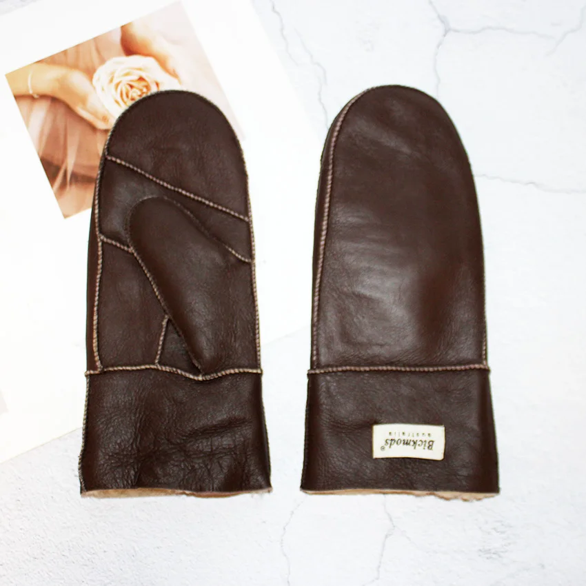 Luvas de pele de carneiro femininas cor de lã de couro inverno calor espessamento ao ar livre à prova de frio menino estudante luvas à prova de vento