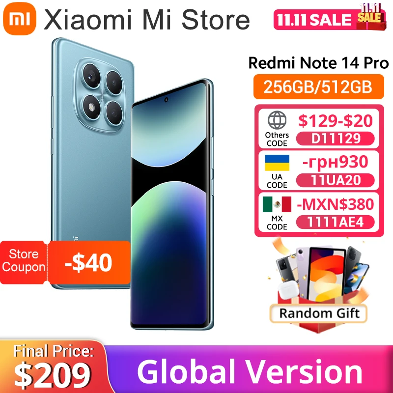 Xiaomi Redmi Note 14 Pro 글로벌 버전 스마트폰 200MP AI 카메라 5500mAh NFC Helio G100-Ultra 6.67" AMOLED 디스플레이