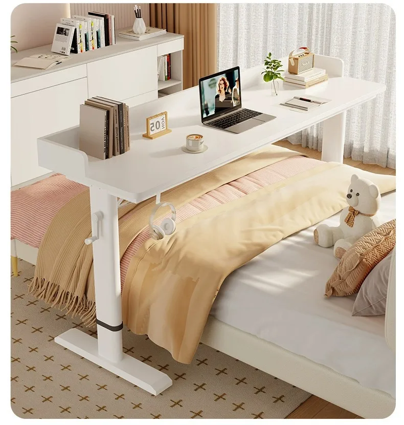 Adjustable Overbed Laptop Desk with Wheels | Bedroom Furniture Rolling Computer Table | Hand Crank Solid Wood Desk
