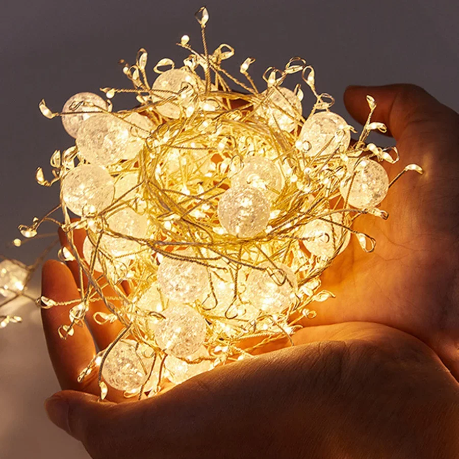 LED Firecracker Fairy Light กันน้ํากลางแจ้งคริสตัล Crackle Ball String Light สําหรับต้นคริสต์มาสปาร์ตี้วันหยุด Garden