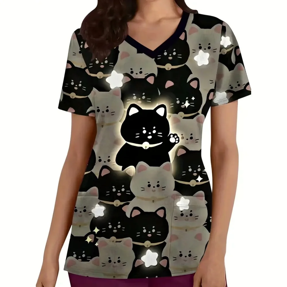 Klinische Uniform Frau Nette Katze Cartoon Print Mode Mikroelastische Kurzarm Scrubs Frau Casual V-ausschnitt Tierarzt Medizinische Kleidung