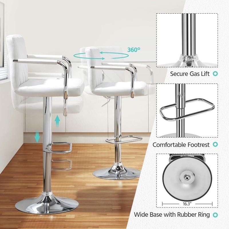 Bar Stools Set of 4, Height Adjustable Swivel Bar Stools, Counter Height Bar Stools for Kitchen Island, White Chairs