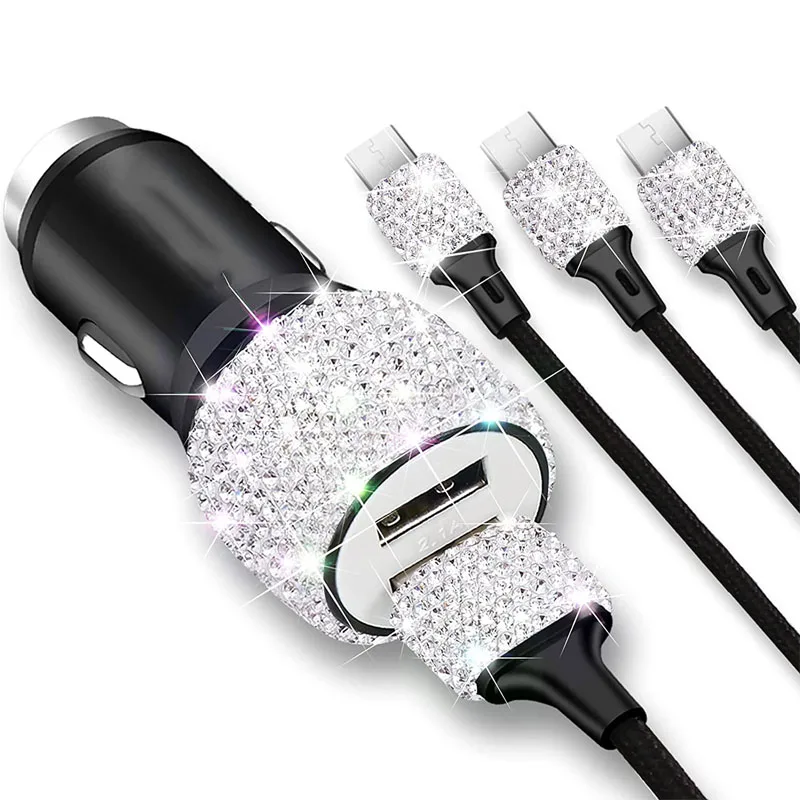Cargador de coche USB Dual, adornos de cristal hechos a mano con diamantes de imitación ostentosos para coche, decoraciones de coche de carga rápida para iPhone/Samsung