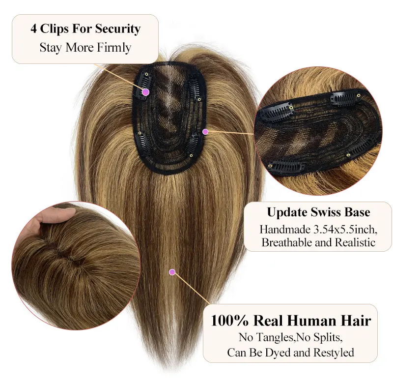Extensões de cabelo humano para mulheres, peruca superior, Topper com clipes, rede de cabelo com cabelo diluindo, 9x14cm, 1 pc
