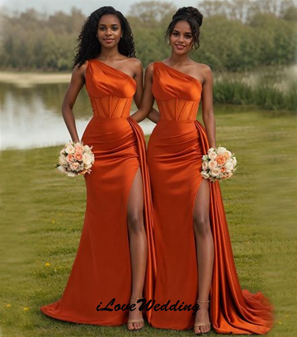 Orange One Shoulder Bridesmaid Dresses 2025 Wedding Party Dresses For Woman Elegant Mermaid Ribbons Sweep Train Satin Customized