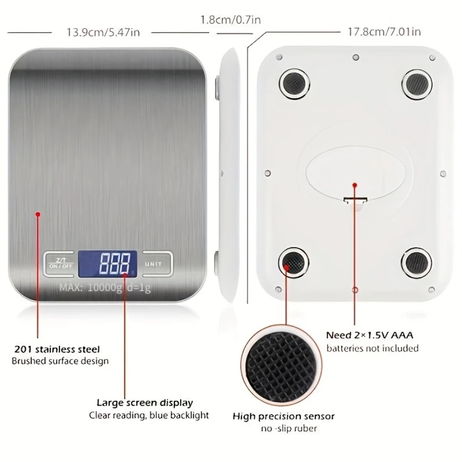 Báscula Digital eléctrica multifunción para cocina, balanza de medición de alta precisión con St inoxidable, 10kg/1g, pantalla LCD