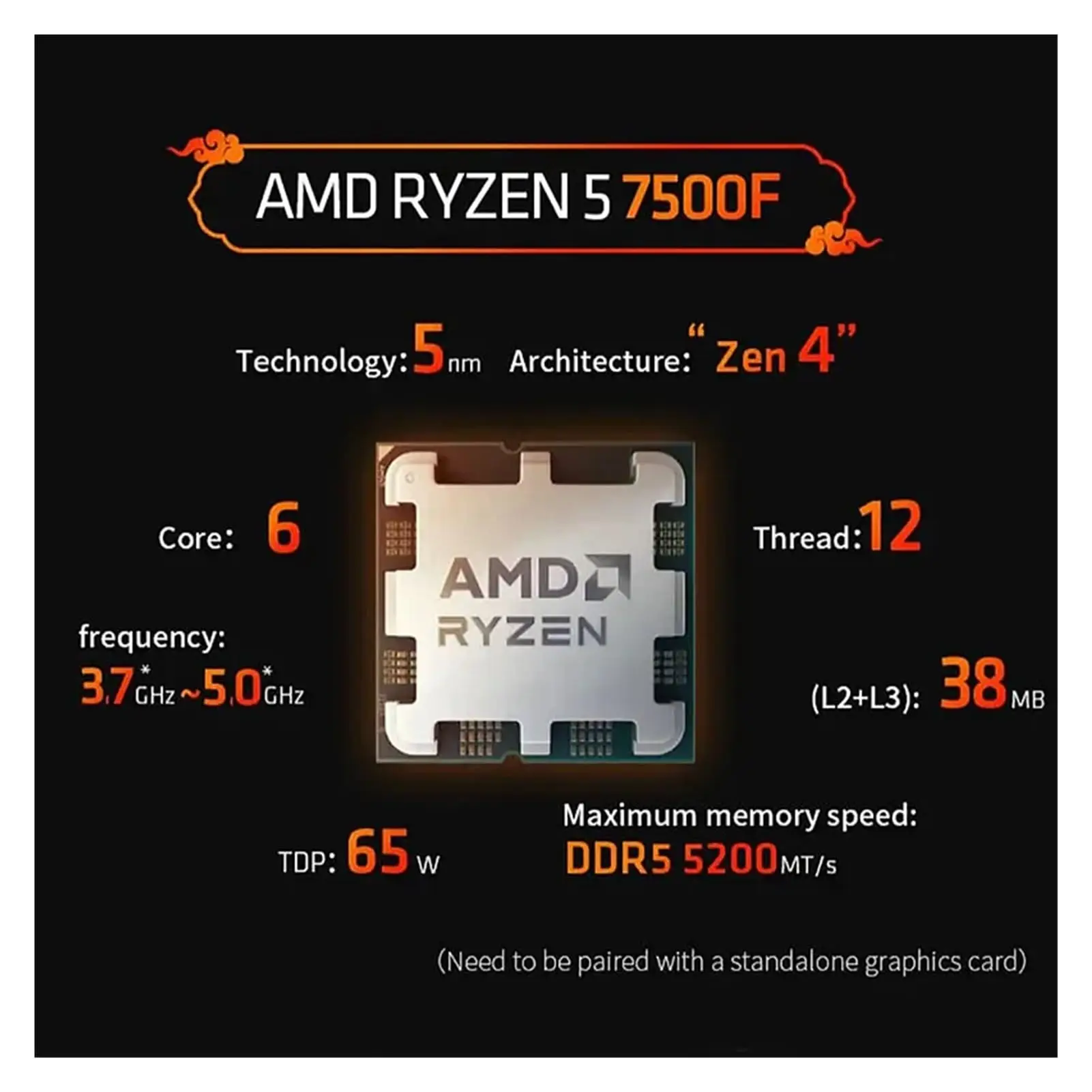 Processador AMD-Ryzen 5 7500F, R5 7500F, Até 5,0 GHz, 6 Core, 12 Thread, 32MB, Soquete de cache de jogos, AM5, DDR5, 5200MHz, PC Desktop Gamer