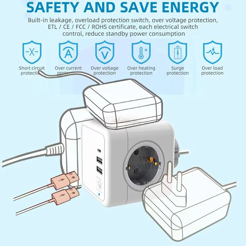 EU Kr Plug Multiprise Steckdosenleiste mit 4 AC-Steckdosen + 2 USB-Anschlüssen + 1 Typ C 5 V 3,1 A Cube-Adapter Multi-Steckdose Ein/Aus-Schalter