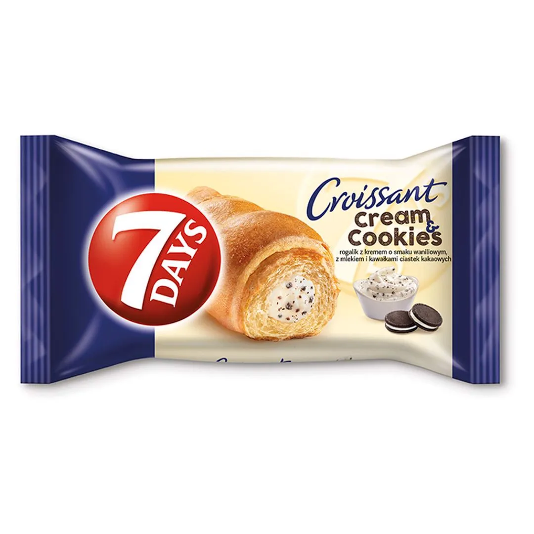 7 Days Cream & Cookies Rogalik z kremem o smaku waniliowym z mlekiem i kawałkami ciastek 60 g