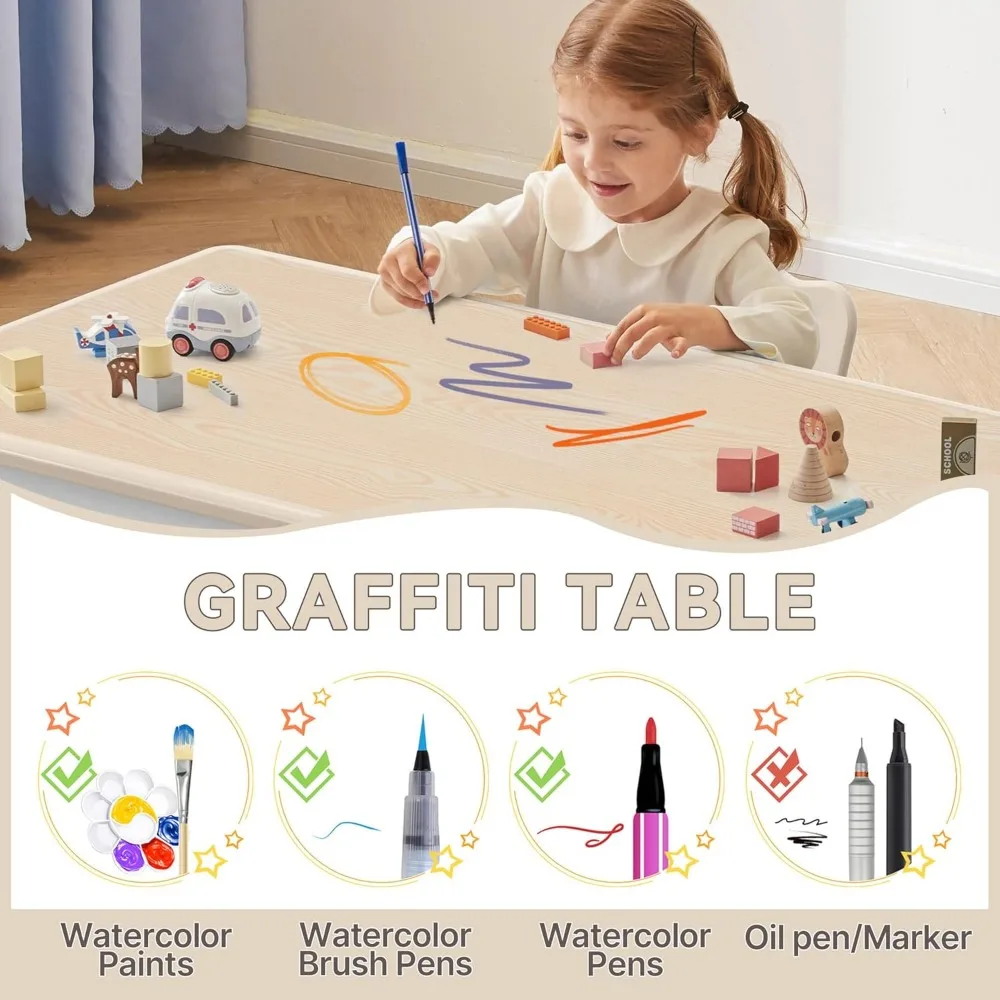 Kids Study Table and Chairs Set, Height Adjustable Toddler Table and Chair Set for Kids Ages 3-8, Graffiti Desktop (Burlywood