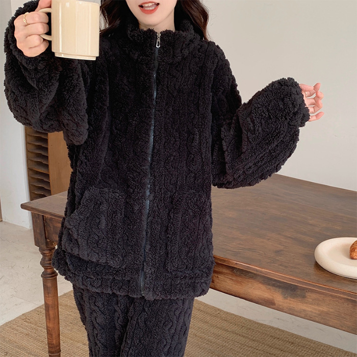 Tamanho grande conjunto de pijamas de flanela outono inverno feminino pijamas calças terno engrossar coral velo gola alta lounge wear homewear