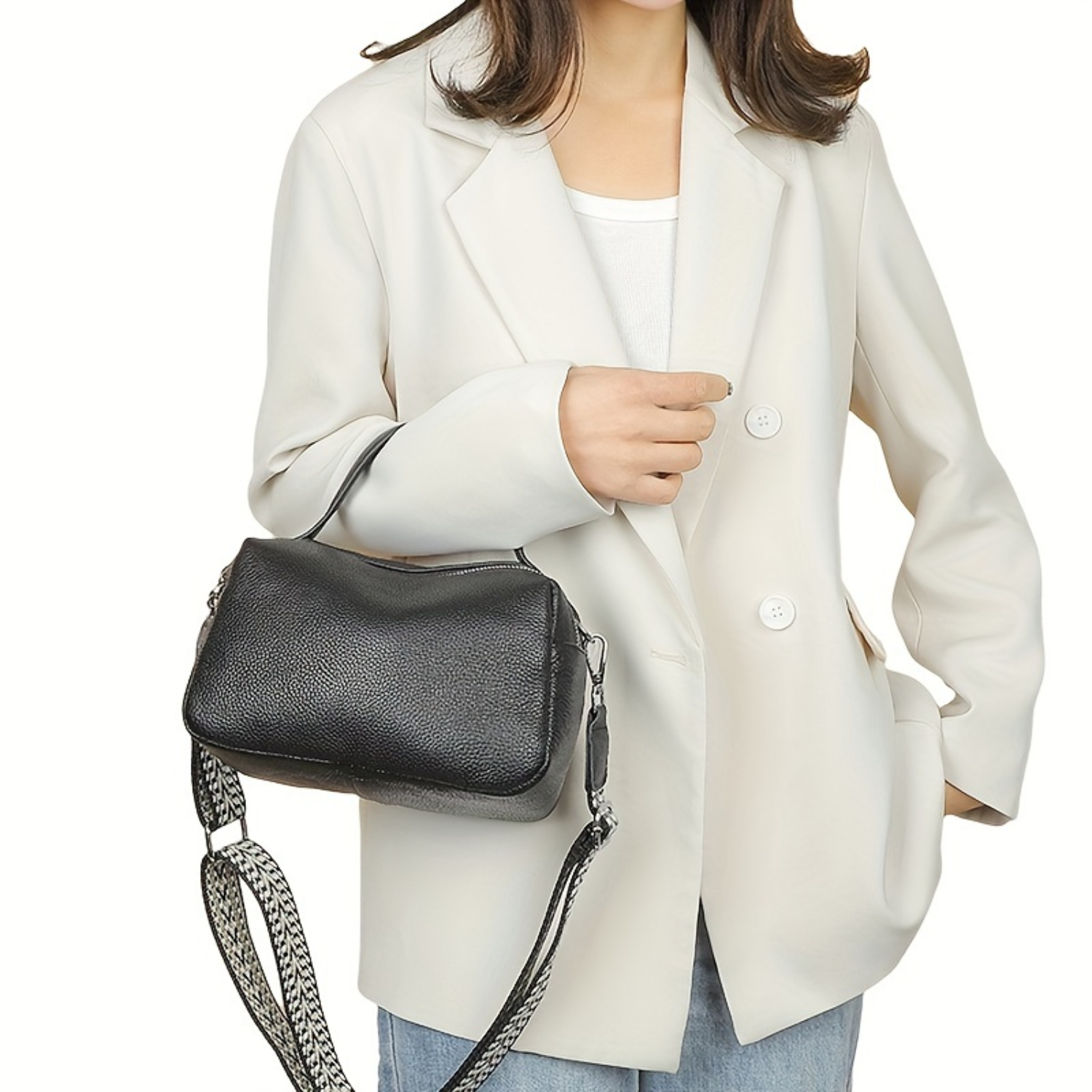 Luxury Genuine Leather Crossbody Bag for Women, Boston Handbag with Multi Zipper - Adjustable Shoulder Straps - Commute, Gather,