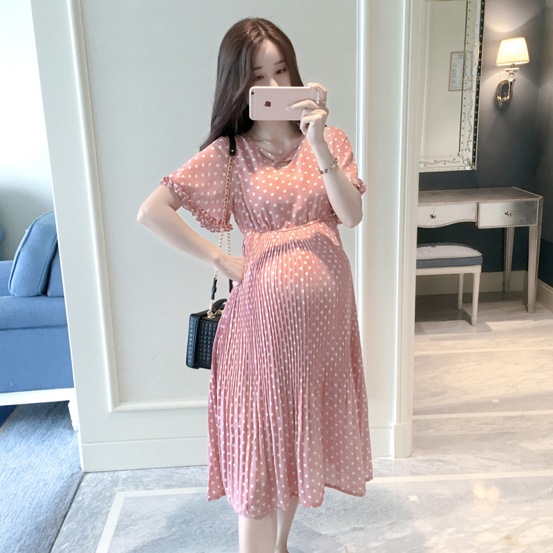 Pregnant Women Summer Dress Petal Collar Sweet Bubble Sleeve Temperament High Waist Maternity Gown Peter Pan Casual