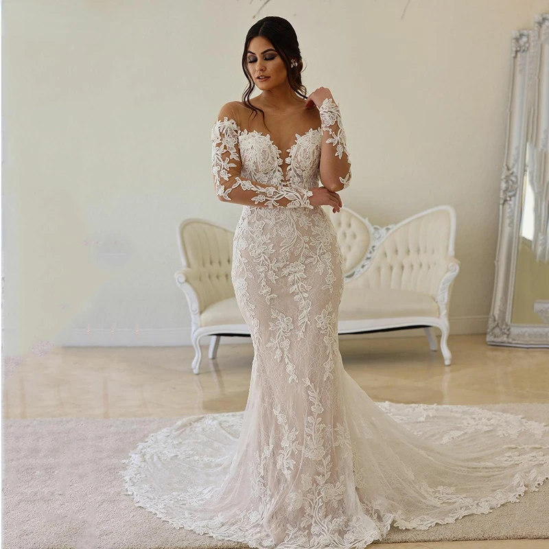 Abiti da sposa eleganti a sirena con scollo a barchetta maniche lunghe applicazioni abito da sposa senza schienale vestido de novia taglia personalizzata