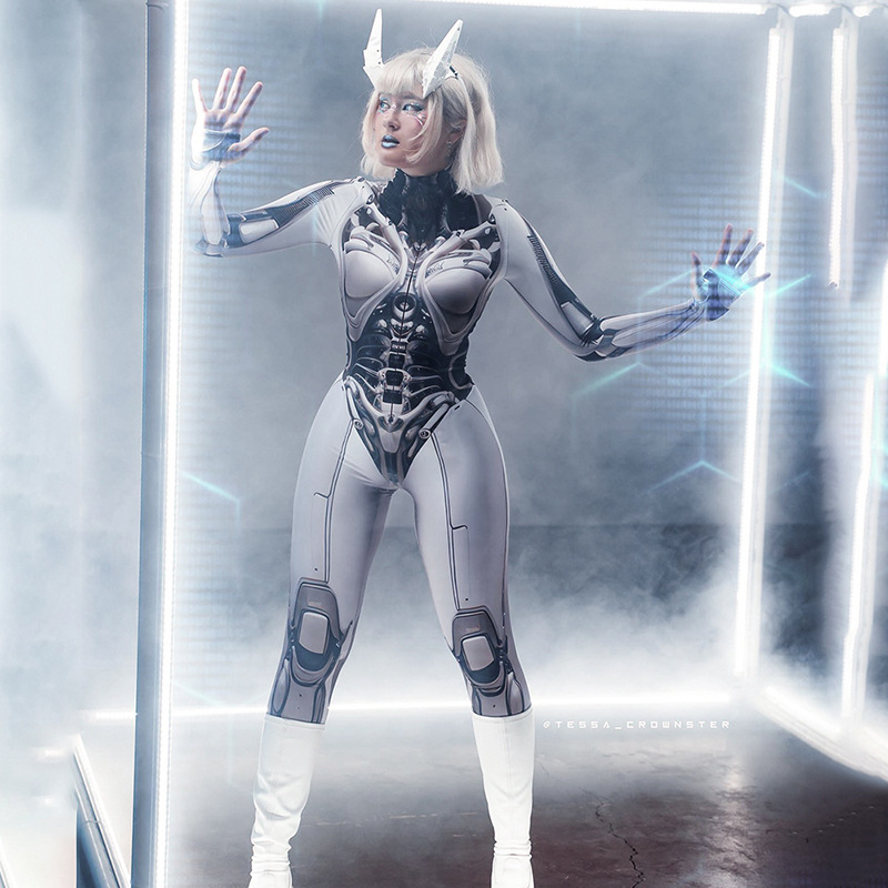 Goth Dark 3Dพิมพ์คอสเพลย์Bodycon Jumpsuits Y2k TechwearแขนยาวGothic Punk Playsuitsอะนิเมะผู้หญิงคอZip Bodysuit