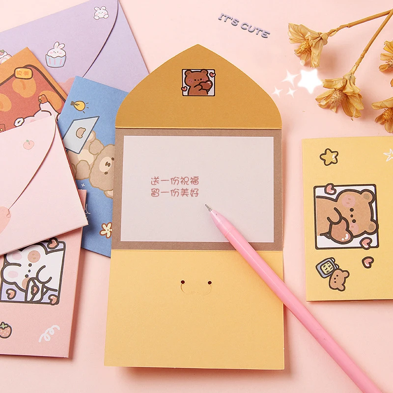 10ชิ้นการ์ดของขวัญการ์ตูนน่ารักซองจดหมายพับได้การ์ดอวยพรวันหยุดคำอวยพรขอบคุณข้อความของขวัญคำสารภาพ