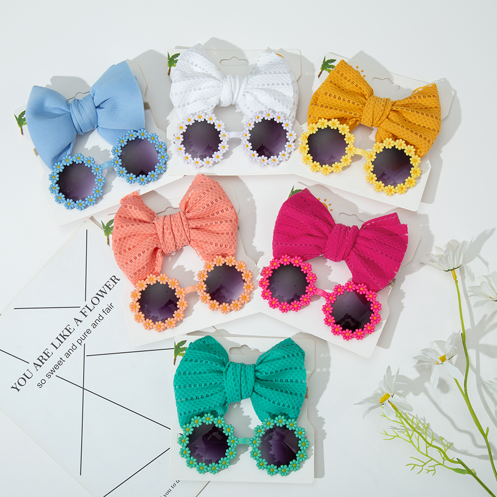 2 ชิ้น/การ์ด Daisy Baby แว่นตากันแดดตาไก่ Bow Headband ชุดไนลอนยืดหยุ่นผม Seaside Sun แว่นตาเด็ก Headwear