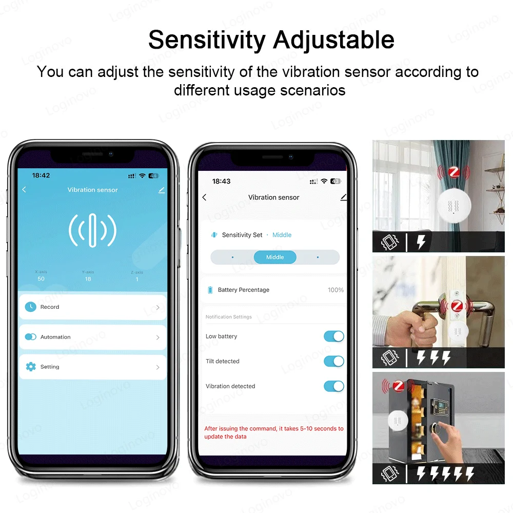 Tuya ZigBee Vibration Tilt Sensor Door Window Alarm Detection Smart Home Automation Security Protection System Alexa Google
