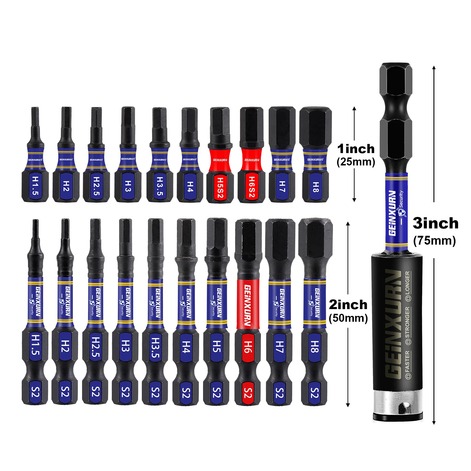 GEINXURN Juego de puntas magnéticas resistentes a impactos con cabeza hexagonal métrica de 1 pulgada/2 pulgadas, juego de puntas de destornillador hexagonal de acero S2 con base