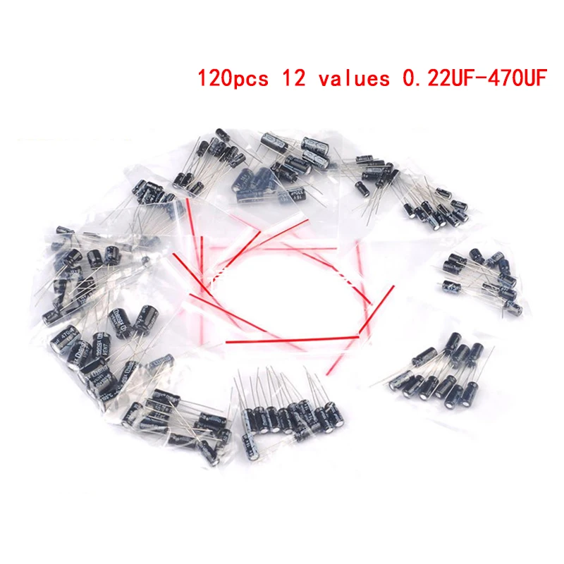 1 juego de 120 Uds 12 valores 0,22 UF-470 UF kit surtido de condensadores electrolíticos de aluminio paquete