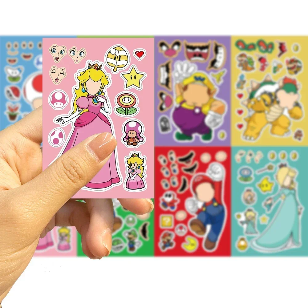 8/16Sheets Super Mario Bros Puzzle Sticker DIY Children Funny Games Make-a-Face Assemble Decal Jigsaw Sticker Kids Toys Gift