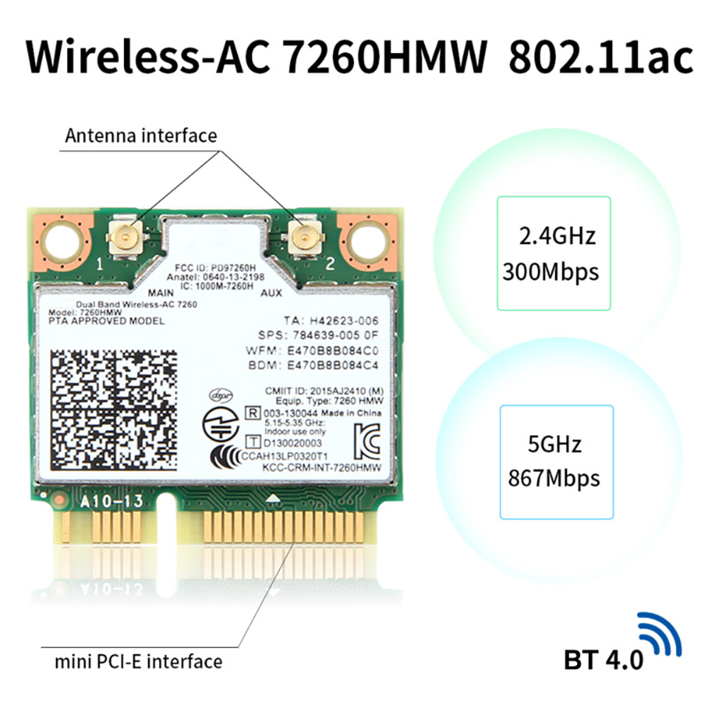 7260 7260HMW Mini PCI-E 7260 2,4G/5Ghz Wlan Bluetooth 4,0 802.11ac/a/b/g
